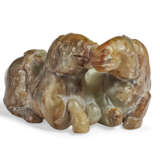 A GREY AND RUSSET JADE CARVING OF TWO HORSES - photo 1