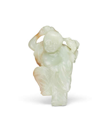 A GREENISH-WHITE AND RUSSET JADE FIGURE OF LIU HAI - photo 1