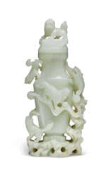 A PALE GREENISH-WHITE JADE FLATTENED VASE AND COVER