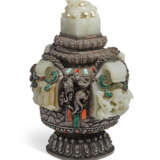 A MONGOLIAN JADE AND HARDSTONE-INSET SILVER VESSEL AND COVER - фото 1