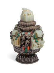 A MONGOLIAN JADE AND HARDSTONE-INSET SILVER VESSEL AND COVER