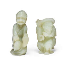 A WHITE JADE FIGURE OF A FISHERMAN AND A GREYISH-WHITE FIGURE OF A LUOHAN