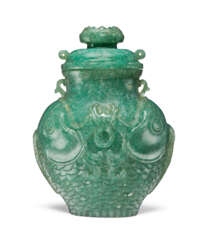 A SMALL GREEN JADEITE VASE AND COVER