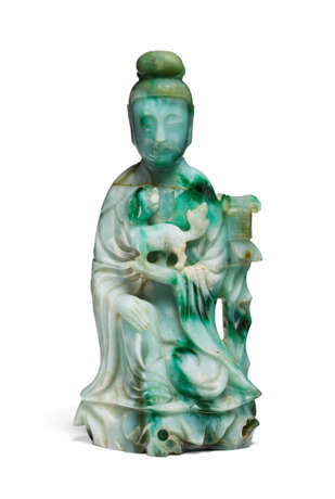 A MOTTLED GREENISH-GREY JADEITE FIGURE OF GUANYIN AND A BUDDHIST LION - photo 1