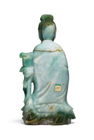 A MOTTLED GREENISH-GREY JADEITE FIGURE OF GUANYIN AND A BUDDHIST LION - photo 2