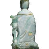 A MOTTLED GREENISH-GREY JADEITE FIGURE OF GUANYIN AND A BUDDHIST LION - photo 3