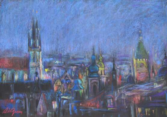 “The towers and roofs of Prague” Cardboard Mixed media Impressionist Landscape painting 2015 - photo 1