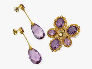 A brooch and pair of drop earrings with amethysts and cultured pearls