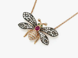 A ''bee'' pendant necklace decorated with brilliant cut diamonds, ruby and emeralds