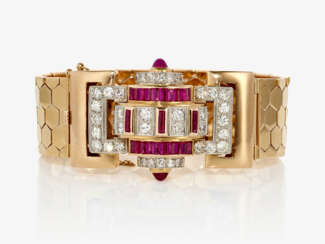 A unique 40s cocktail bracelet decorated with brilliant cut diamonds and rubies