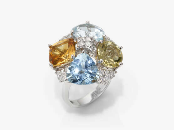 A cocktail ring with brilliant cut diamonds, citrines and aquamarines - photo 1