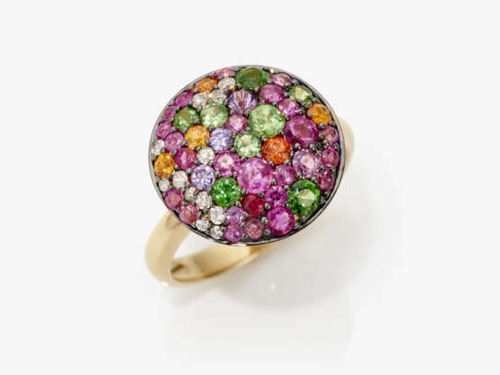 A cocktail ring decorated with coloured gemstones and brilliant cut diamonds - photo 1