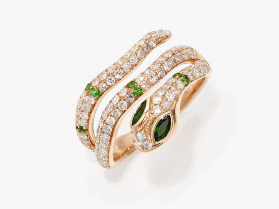 A snake ring decorated with brilliant cut diamonds and tsavorites - photo 1