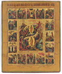 An extended festival icon depicting the Harrowing of Hell, the Resurrection of Jesus and 16 images on the borders