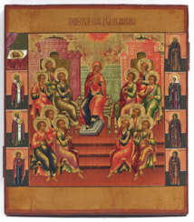 Descent of the Holy Spirit upon the Apostles (Pentecost) with eight saints depicted on the borders