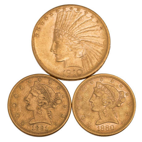 USA - 3 Münzen: Quarter Eagle 5 Dollars 1880/o.Mzz., 1881/s (je ss), 10 Dollar - фото 1