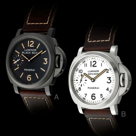 PANERAI, PAM00785, LIMITED EDITION OF 500 PIECES, A SET OF TWO STAINLESS STEEL LUMINOR 8 DAYS: LUMINOR 8-DAYS BLACK SEAL, REF. PAM00594 AND LUMINOR 8-DAYS DAYLIGHT, REF. PAM00602 - фото 1