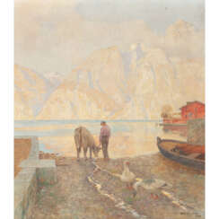 LIETZMANN, HANS (1872-1955), "Hirte mit Kuh und Gänsen an einem Seeufer in den Alpen",
