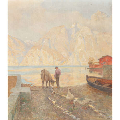 LIETZMANN, HANS (1872-1955), "Hirte mit Kuh und Gänsen an einem Seeufer in den Alpen", - фото 1