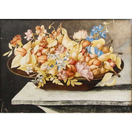 MONFORT, OCTAVIANUS (1646-1696), "Blumen und Früchte auf brauner Keramikschale", - фото 1