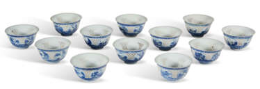 A SET OF TWELVE CHINESE EXPORT PORCELAIN BLUE AND WHITE 'HATCHER CARGO' SMALL BOWLS