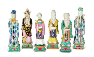 A GROUP OF SIX CHINESE EXPORT PORCELAIN FAMILLE ROSE FIGURES OF IMMORTALS