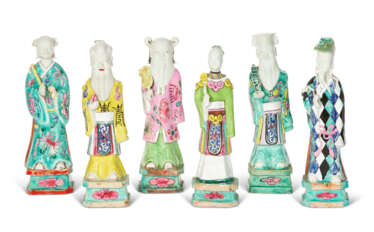 A GROUP OF SIX CHINESE EXPORT PORCELAIN FAMILLE ROSE FIGURES OF IMMORTALS
