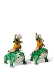 A SMALL PAIR OF CHINESE EXPORT PORCELAIN BISCUIT-GLAZED FIGURES OF LIU HAI
