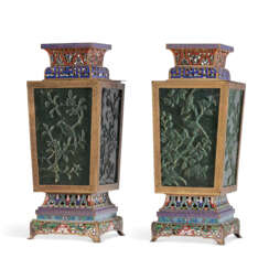 A PAIR OF CHINESE JADE AND CHAMPLEVÉ ENAMEL LANTERNS