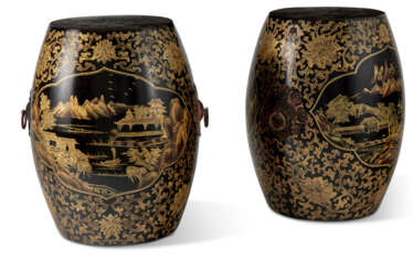 A PAIR OF CHINESE EXPORT GILT-DECORATED BLACK-LACQUERED WOOD BARREL-FORM GARDEN SEATS