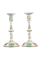 A PAIR OF SOUTH STAFFORDSHIRE ENAMEL AND GILT CANDLESTICKS