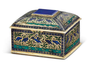 AN INDIAN LAPIS LAZULI-MOUNTED SILVER-GILT AND ENAMEL SCENT BOTTLE NECESSAIRE