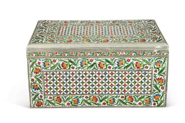 A LARGE ENAMEL AND METAL-DECORATED WOODEN WRITING BOX