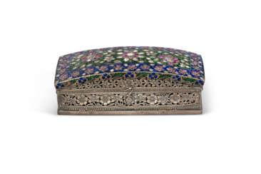 AN ENAMELED AND STONE INLAID SILVER CUSHION-FORM BOX