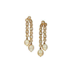 A PAIR OF INDIAN DIAMOND, CULTURED PEARL AND ENAMEL EARRINGS