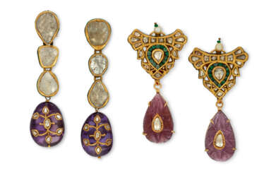 TWO PAIRS OF INDIAN MULTI-GEM AND DIAMOND EARRINGS