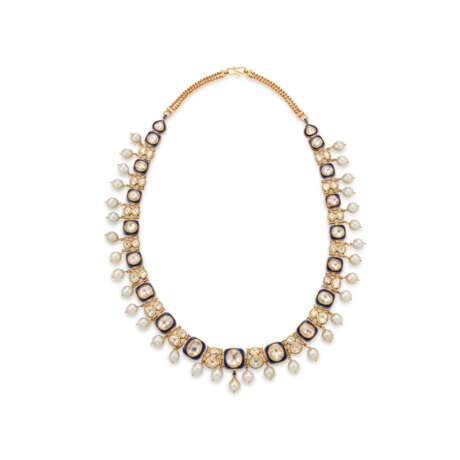 AN INDIAN DIAMOND, CULTURED PEARL AND ENAMEL NECKLACE - фото 1