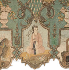 TWO EARLY LOUIS XV SILK AND WOOL EMBROIDERED, COUCHED AND APPLIQUED PELMETS
