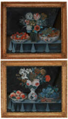 A PAIR OF NORTH EUROPEAN REVERSE-PAINTED GLASS PANELS