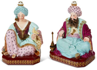 A PAIR OF JACOB PETIT PORCELAIN FIGURAL SCENT BOTTLES AND TWO STOPPERS