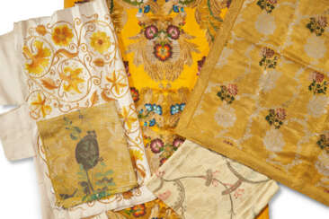 A GROUP OF FIVE YELLOW TONED SILKS