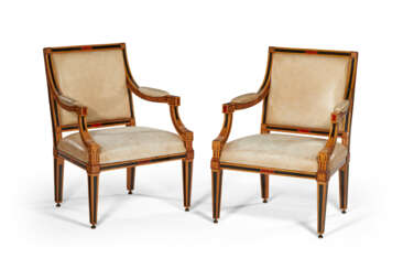 A PAIR OF DUTCH TULIPWOOD, AMARANTH, ASH, STAINED AND EBONIZED FRUITWOOD ARMCHAIRS