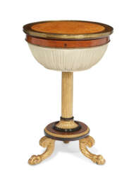 A REGENCY BRASS-INLAID INDIAN ROSEWOOD, AMBOYNA, PARCEL-GILT AND PARCEL-EBONIZED WORK TABLE