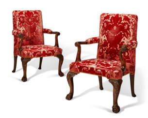 A PAIR OF ENGLISH WALNUT ARMCHAIRS