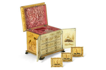 A WILLIAM IV YELLOW, CREAM-JAPANNED, AND GILT JEWEL CABINET