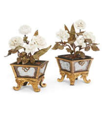 A PAIR OF FRENCH ORMOLU, TOLE PEINTE AND VERRE EGLOMISE FLOWER POTS