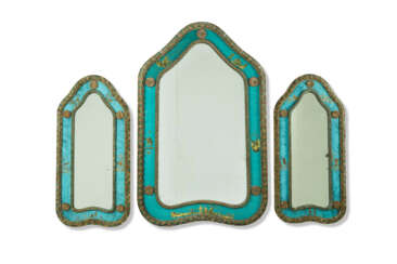 A PAIR OF NORTH ITALIAN SILVERED, POLYCHROME-PAINTED AND VERRE EGLOMISE MIRRORS