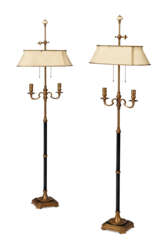 A PAIR OF PATINATED AND GILT-BRONZE TWO-BRANCH FLOOR LAMPS