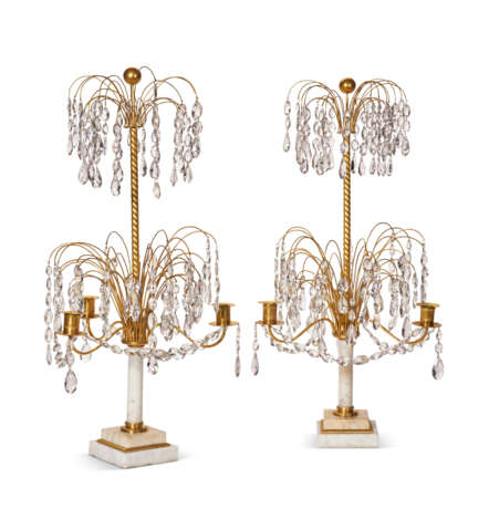 A PAIR OF SWEDISH CUT-GLASS-MOUNTED ORMOLU AND WHITE MARBLE THREE-LIGHT CANDELABRA - фото 1