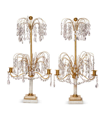 A PAIR OF SWEDISH CUT-GLASS-MOUNTED ORMOLU AND WHITE MARBLE THREE-LIGHT CANDELABRA - photo 2